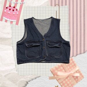 Sleeveless Dark Denim Utility Vest with Front Flap Pockets